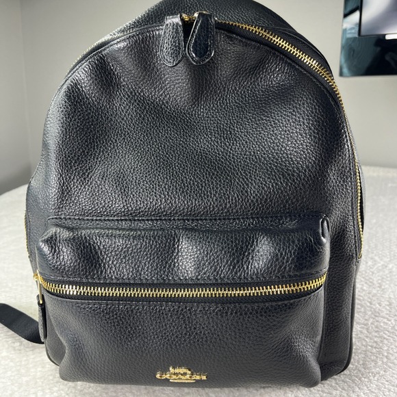 Coach Leather Backpack Black Pebbled Leather Gold Hardware Everyday Carry Bag - Picture 1 of 7